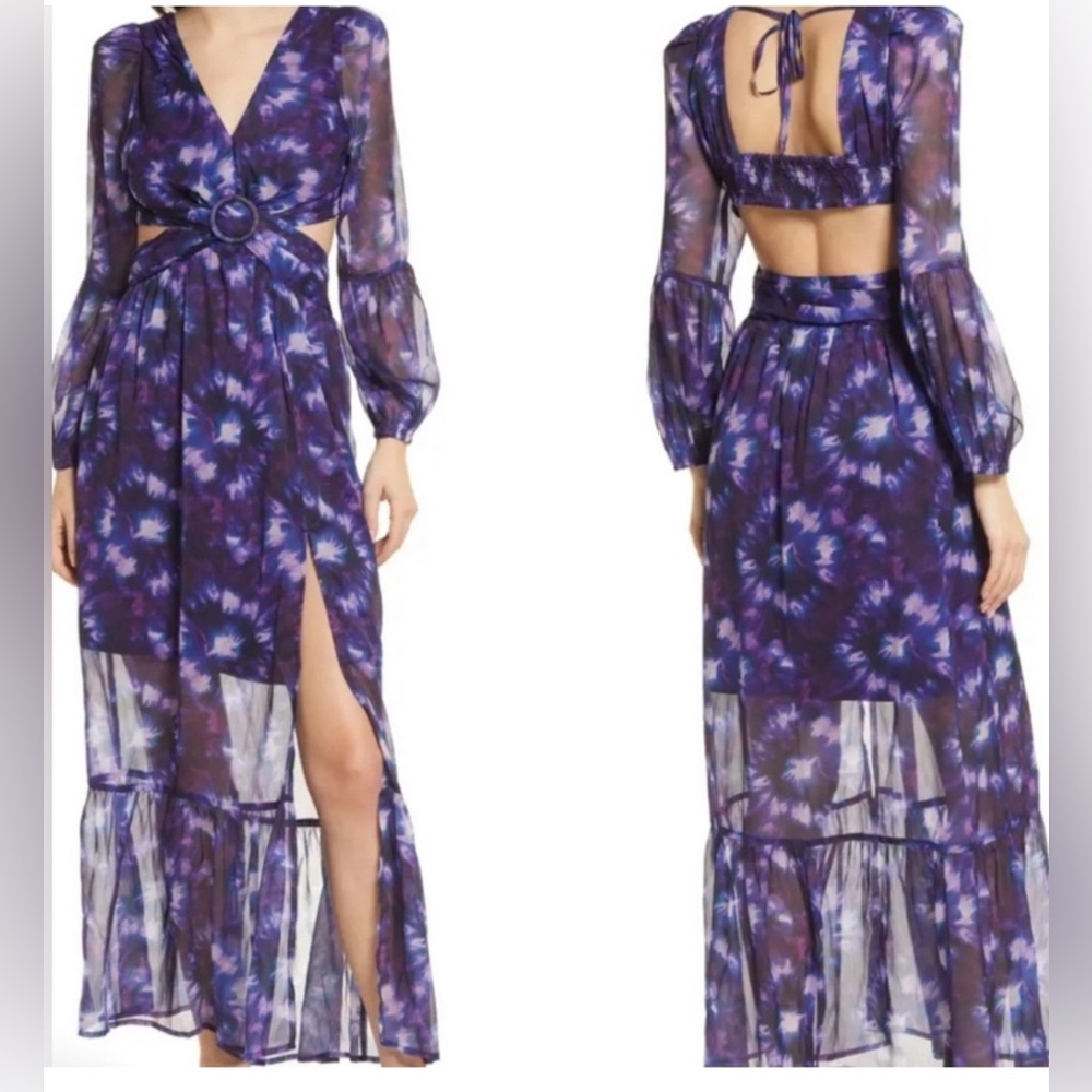 RAHI Leila Dress NWT Size Small Purple Tie-Dye Maxi Cutout Boho Long Sleeve